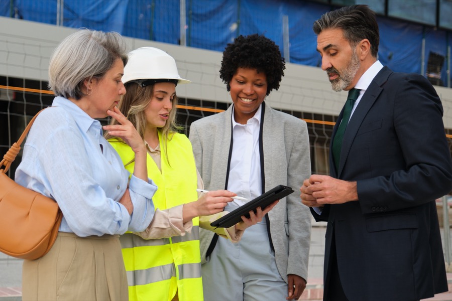 Inspectors and consultants reviewing findings on a tablet